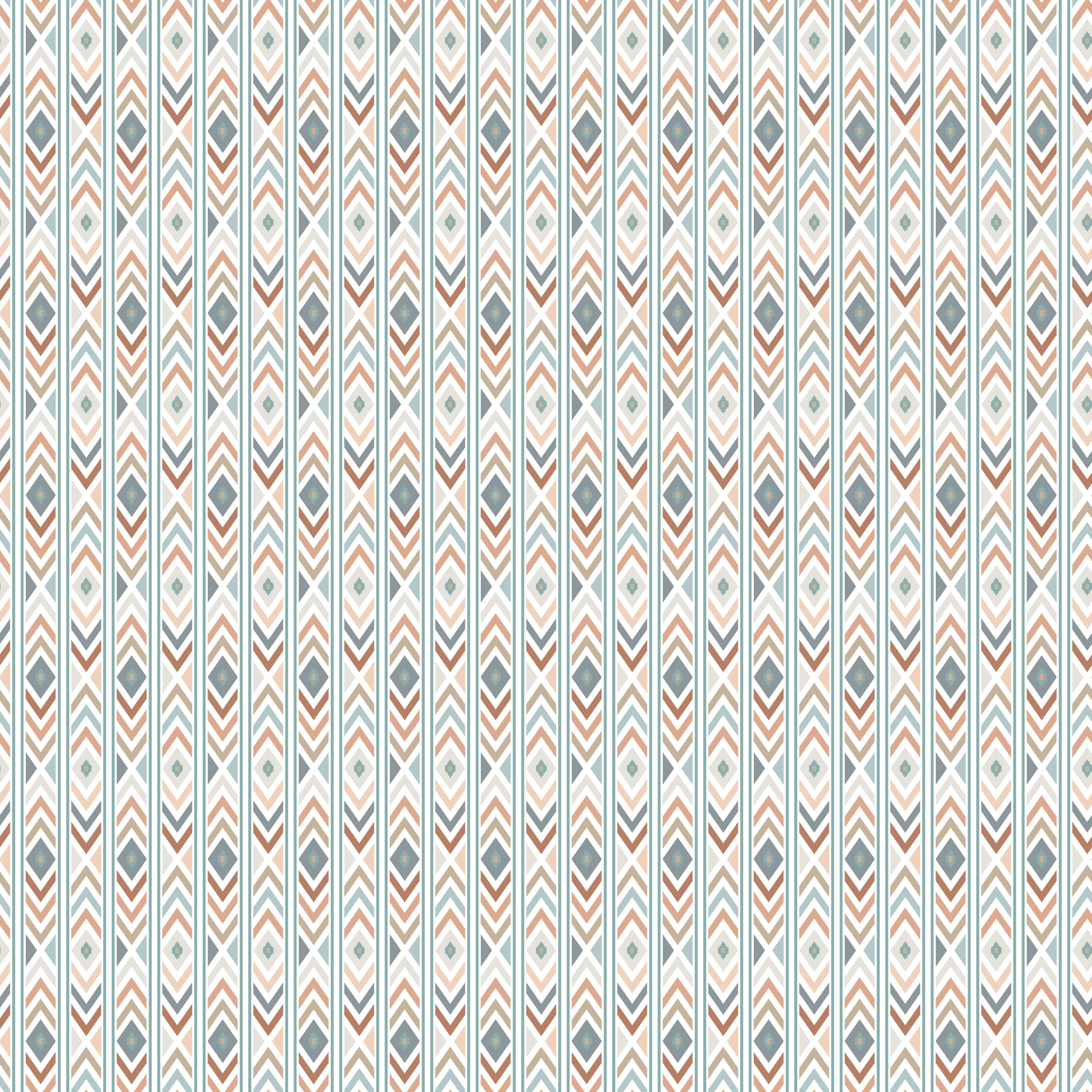 Close-up view of the distinctive Aztec Fusion fabric pattern available at HowdyHo, featuring vertical stripes with intricate geometric designs. The pattern includes a harmonious mix of muted tones that combine cream, soft browns, and blues, creating a sophisticated and timeless print for fashion-forward individuals.