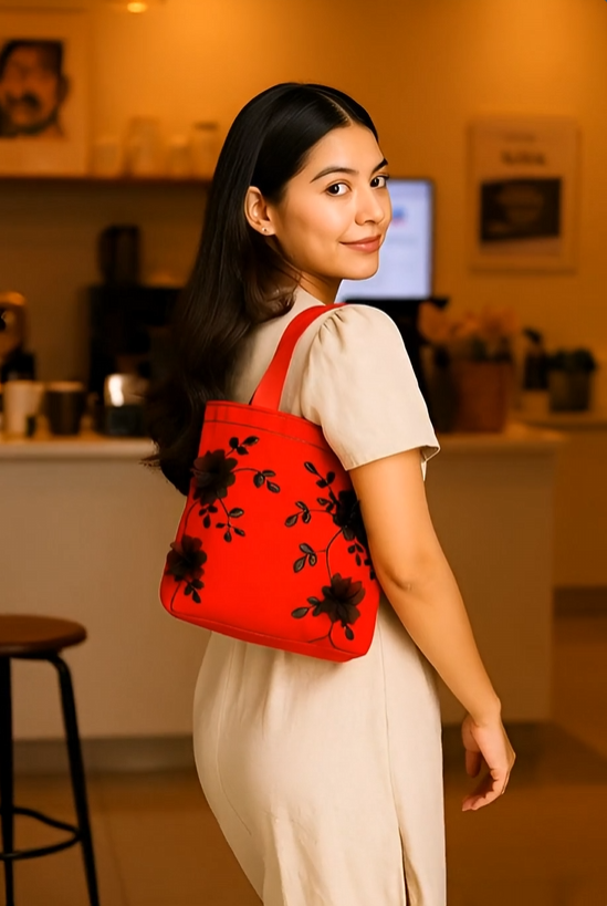 Woman carrying red tote with black flowers