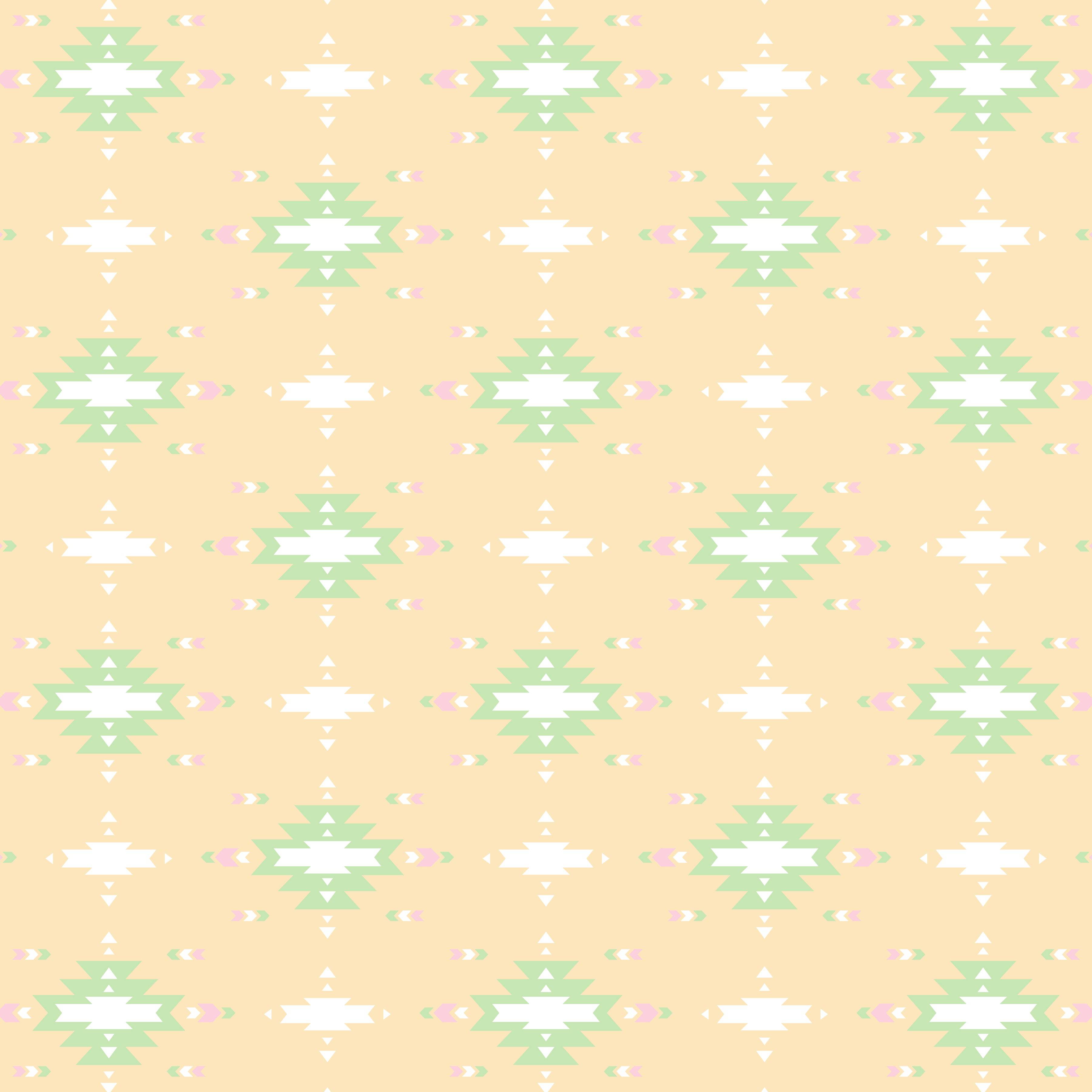 A repeating pattern from the HowdyHo Sunrise Serenity collection featuring geometric shapes in shades of green, white, and peach on a warm beige background. The design is symmetrical and structured, offering a sense of serenity and balance, perfect for a sophisticated garment that makes a subtle yet stylish statement.